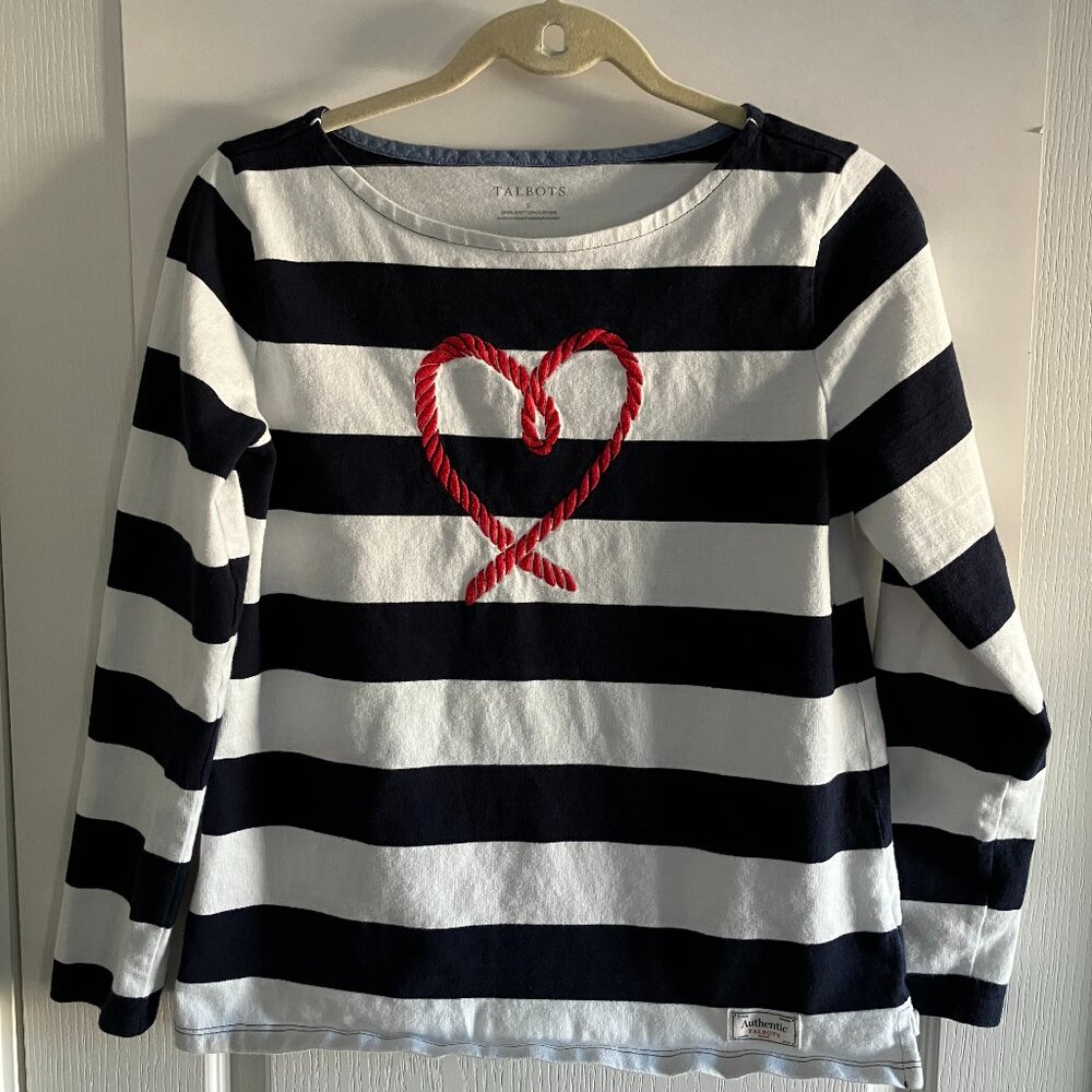 Talbots Navy Blue & White Stripe Nautical Heart Shirt Preppy Size Small.